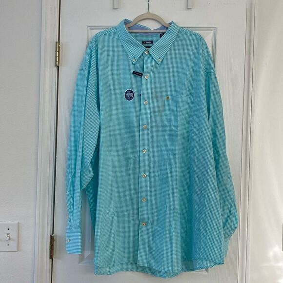 NWT IZOD Long Sleeve Button Down Shirt Turquoise Gingham Big and Tall Size 4X - Picture 1 of 12